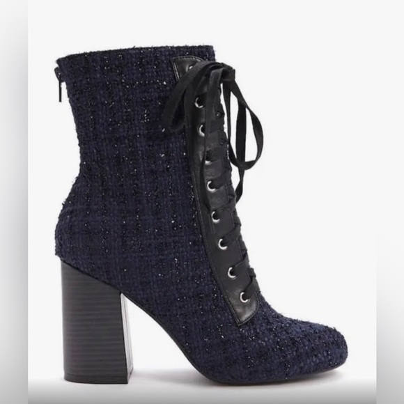 FOREVER 21 Navy Blue Tweed Lace-Up Chunky Heel Booties - Picture 1 of 9